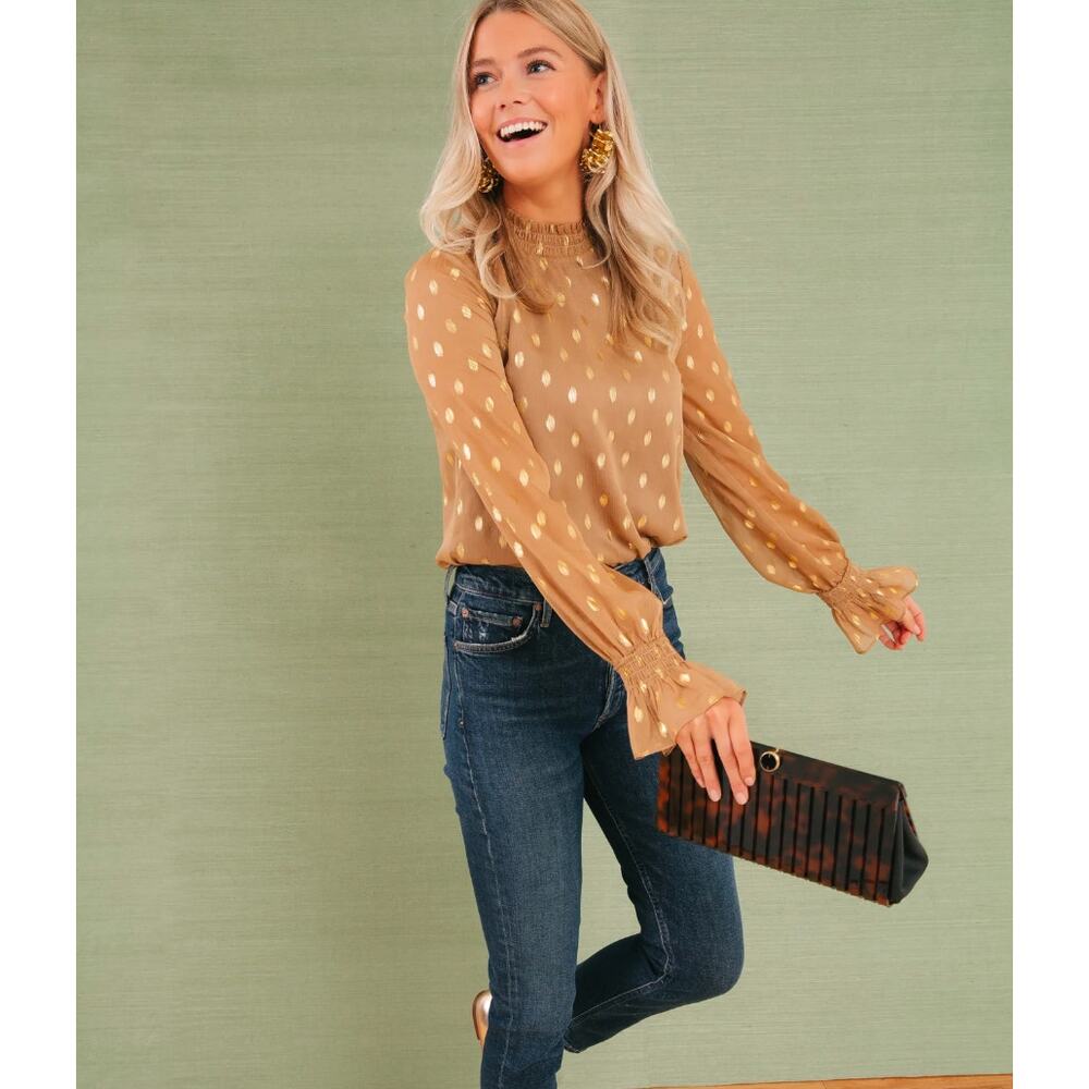 Pomander Place Celeste Blouse Tan XS Gold Metallic Long Sleeve High Neck Top